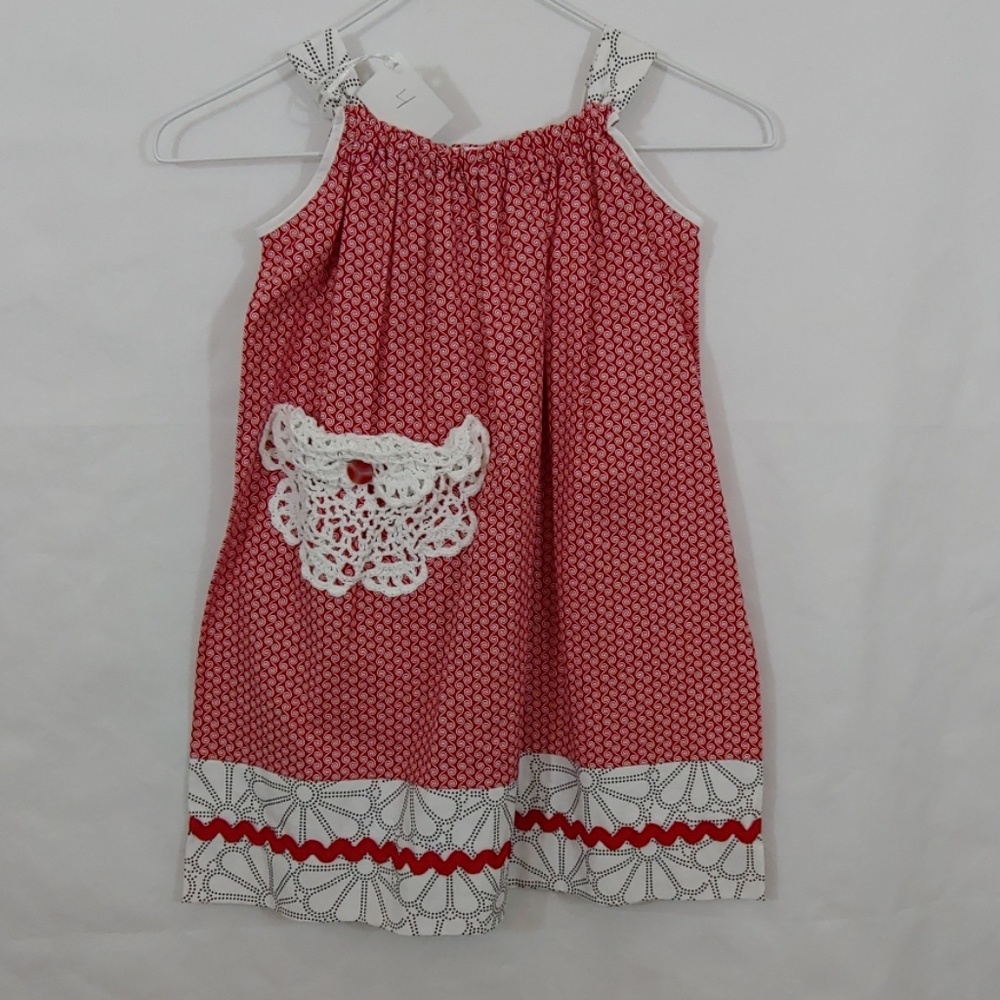 Home Made Sewn By Murray Red & White Sun Dress Size 4 Crochet Pocket On Front